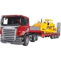 Scania R-Serie LKW mit Tieflader und CAT Bulldozer, Modellfahrzeug