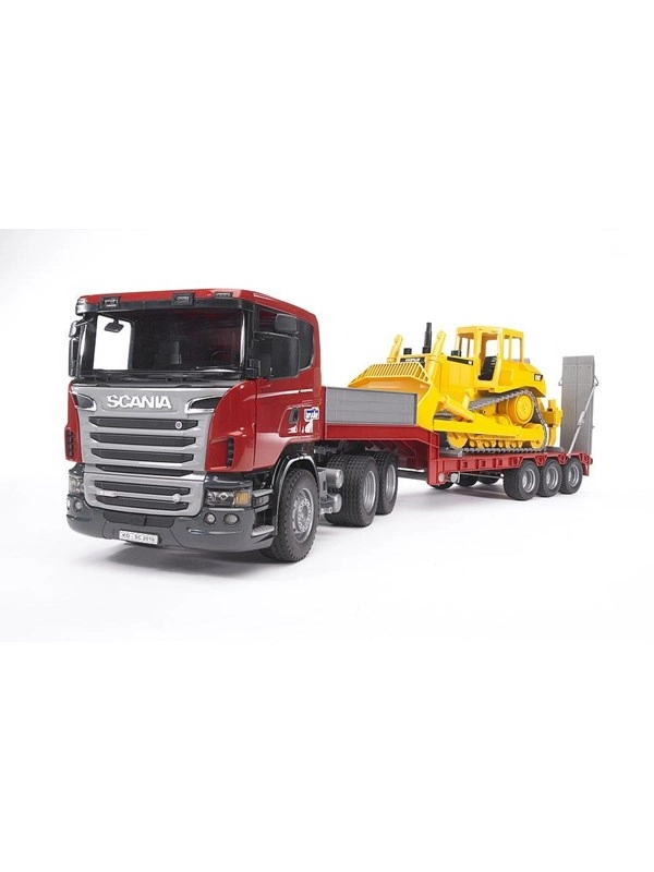 Scania R-Serie LKW mit Tieflader und CAT Bulldozer, Modellfahrzeug