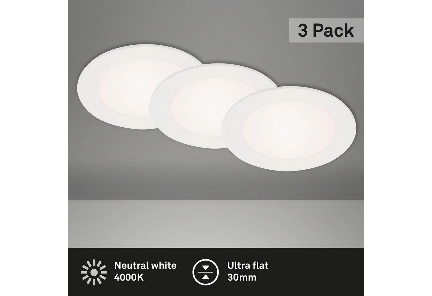 3er Set LED Einbauleuchte, Ø 11,4 cm, 6 W, Weiß