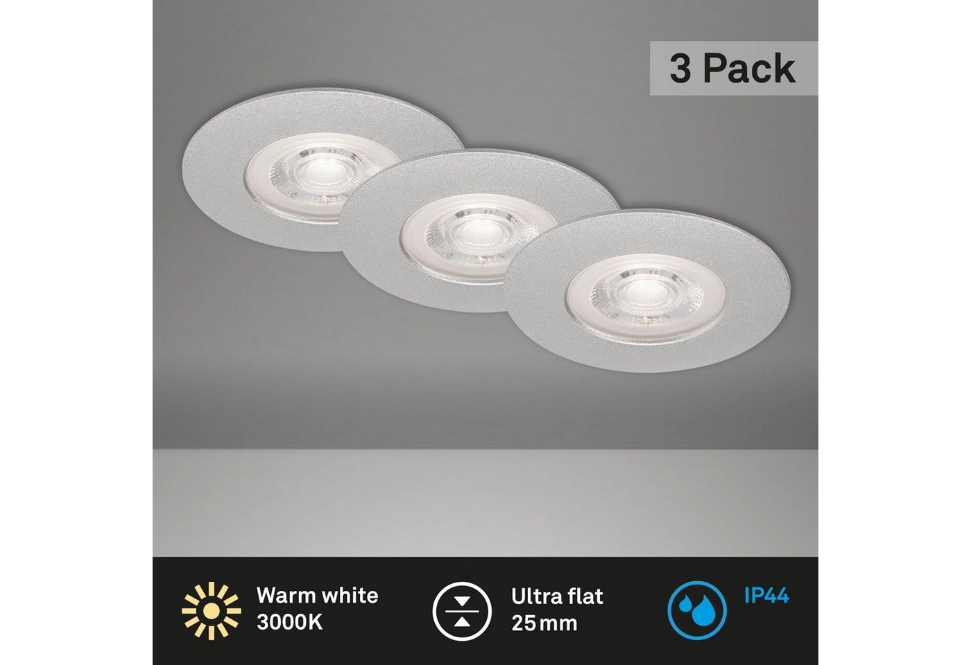 3er Set LED Einbauleuchte, Ø 9 cm, 5 W, Chrom-Matt