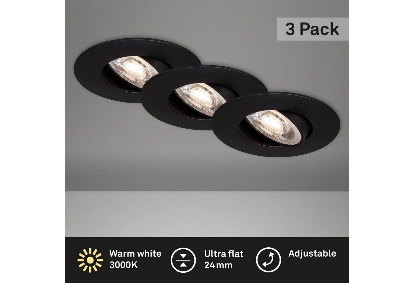 3er Set Ultraflache LED Einbauleuchte, Ø 9 cm, 5 W, Schwarz