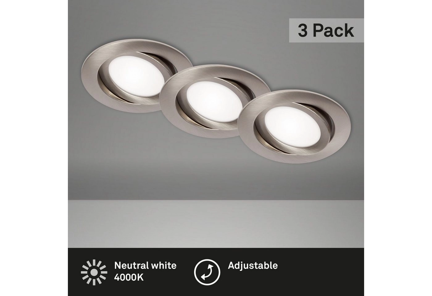 3er Set LED Einbauleuchte, Ø 10,6 cm, 7 W, Matt-Nickel