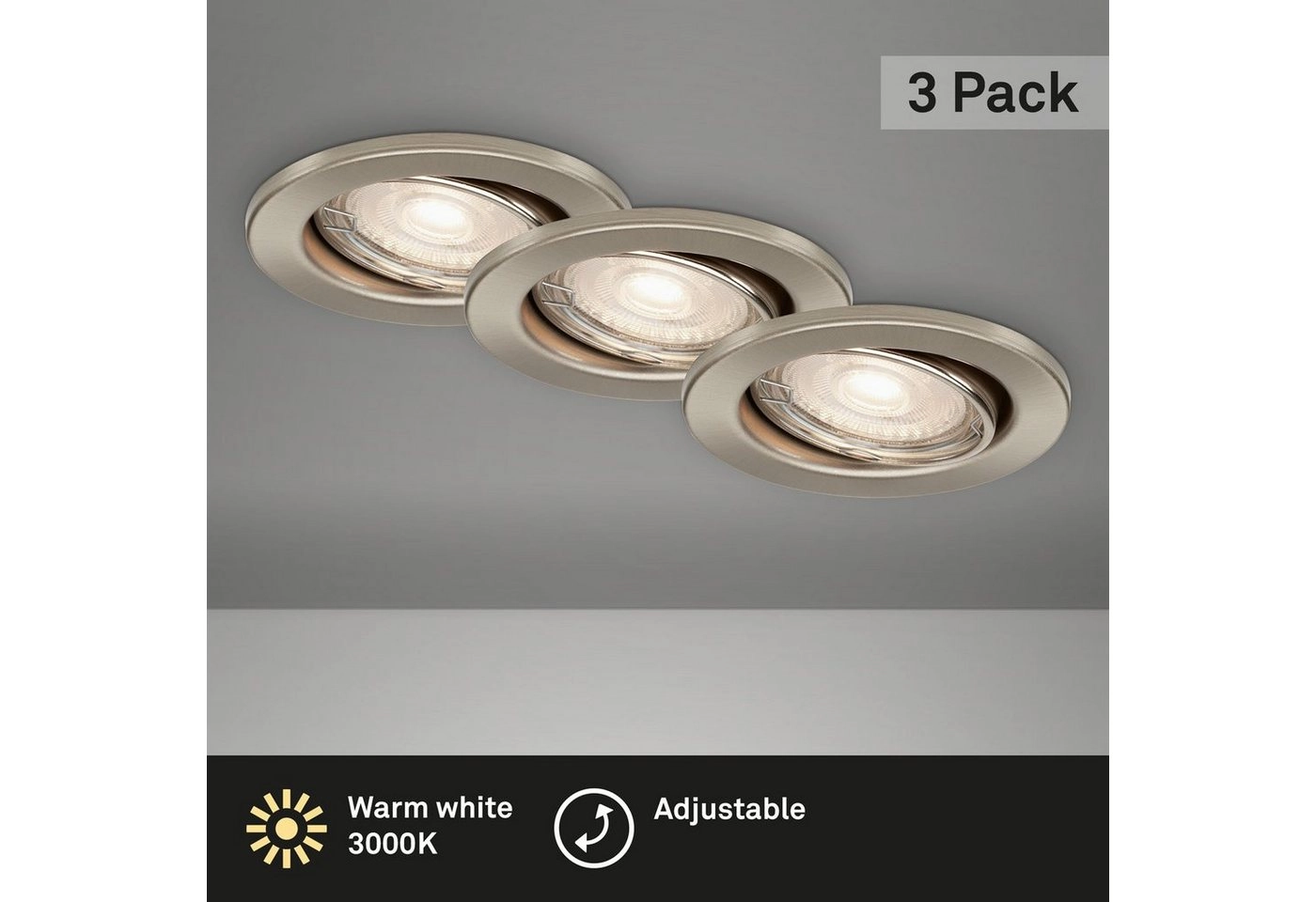 3er Set LED Einbauleuchte, Ø 8,6 cm, 5 W, Matt-Nickel