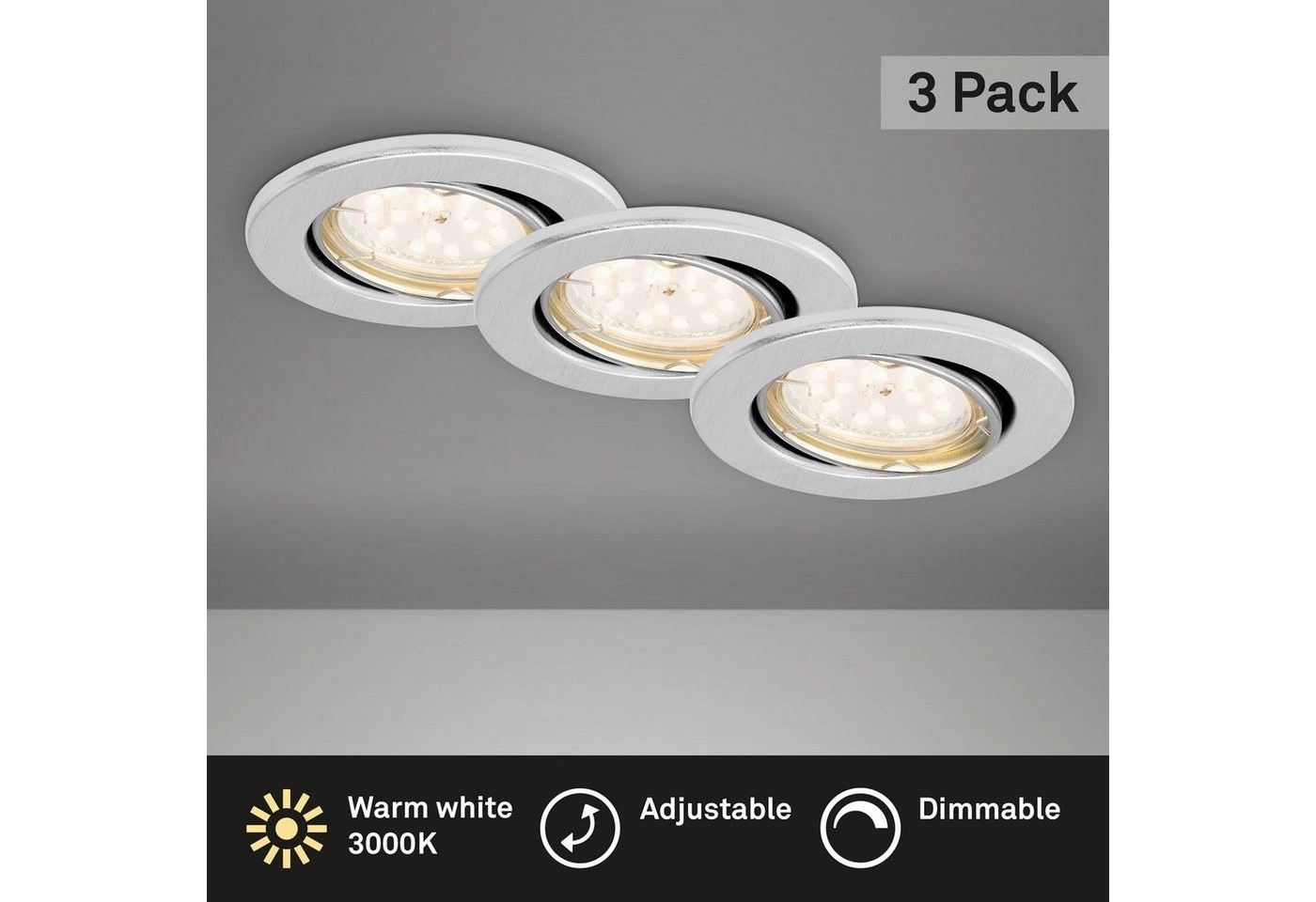 3er Set LED Einbauleuchte, Ø 8,6 cm, 5 W, Alu