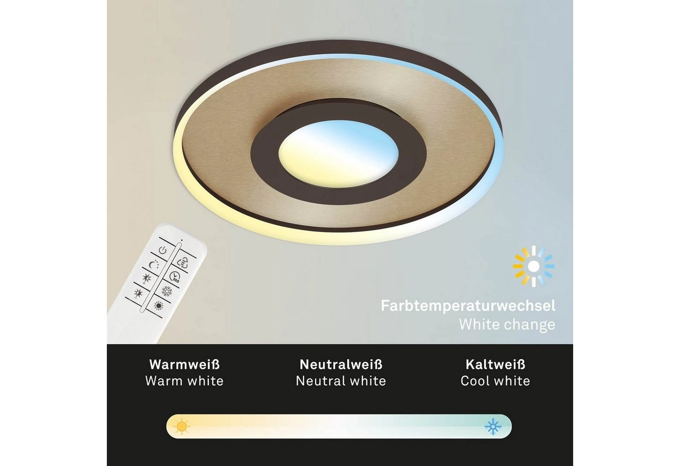 CCT LED Deckenleuchte, Ø 49,5 cm, 25 W, 3000 lm, Gold-Braun