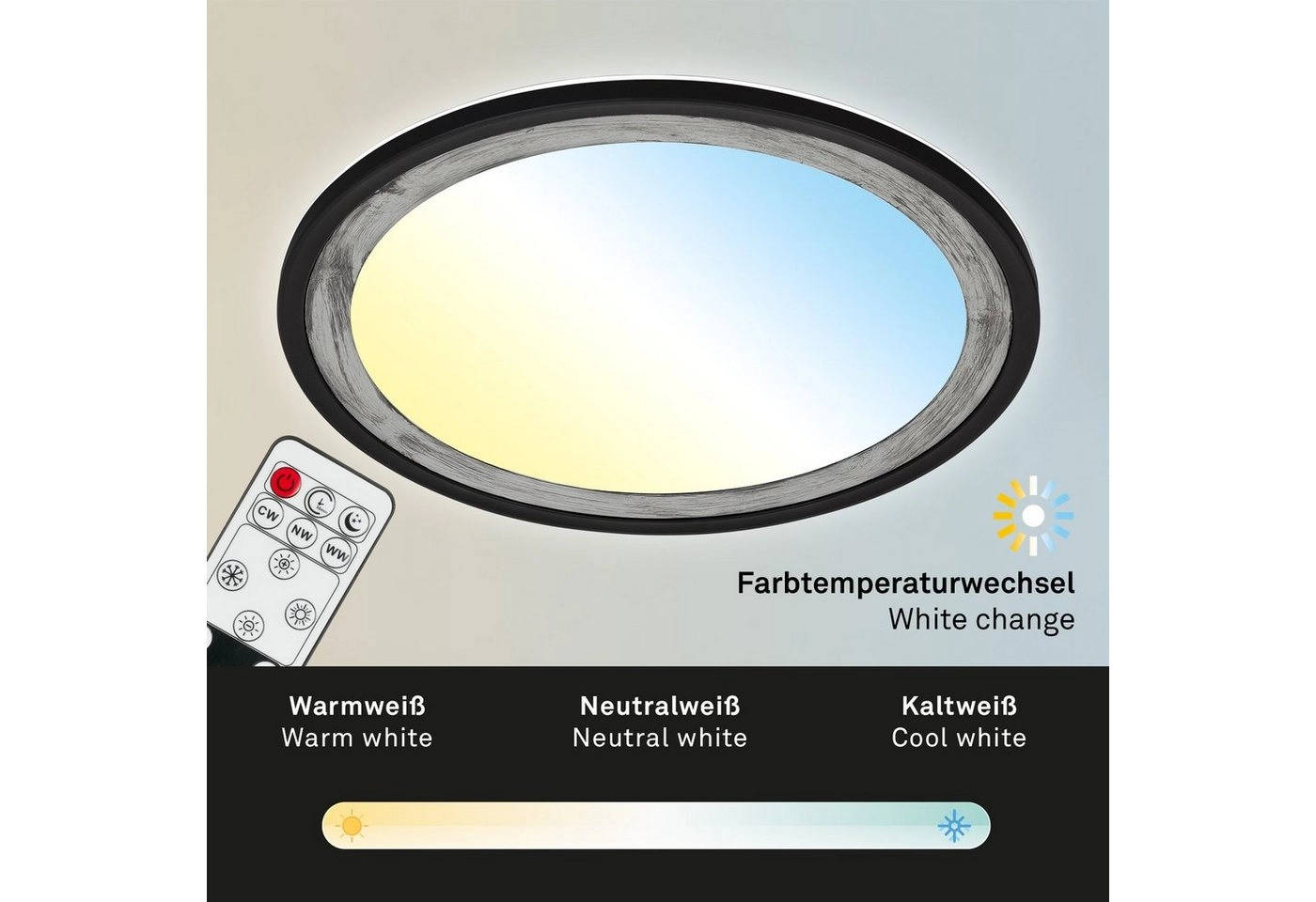 Ultraflaches CCT-LED Panel mit LED Backlight, Ø42 cm, 1x LED, 22 W, 3000 lm, schwarz-silber