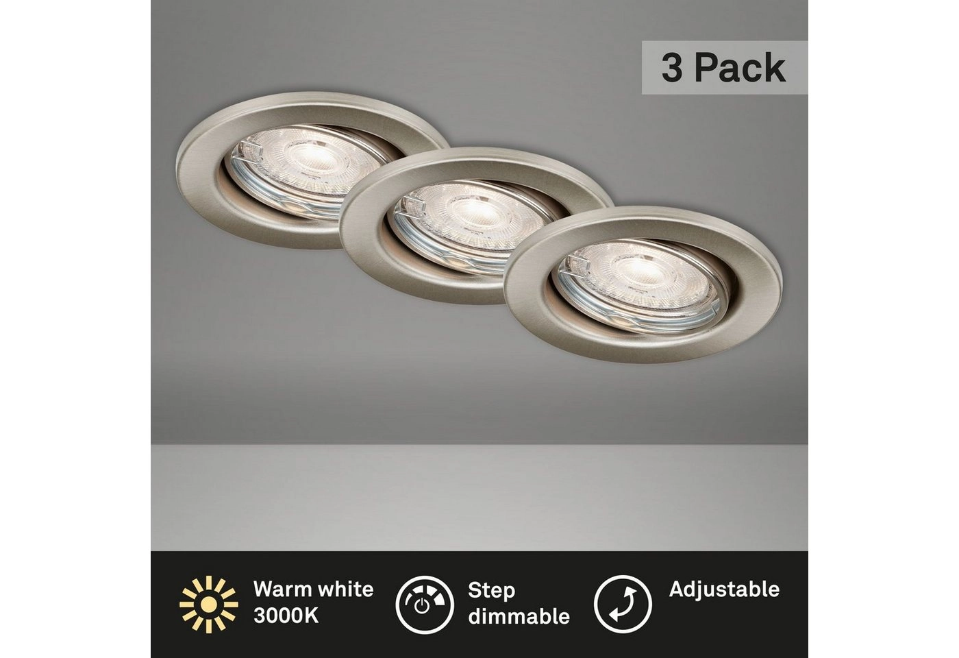 3er Set LED Einbauleuchten, Ø 8,6 cm, 5 W, 460 lm, Matt Nickel