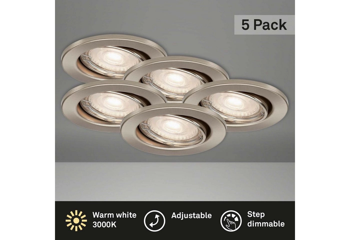 5er Set LED Einbauleuchte, Ø 8,6 cm, 5 W, Nickel