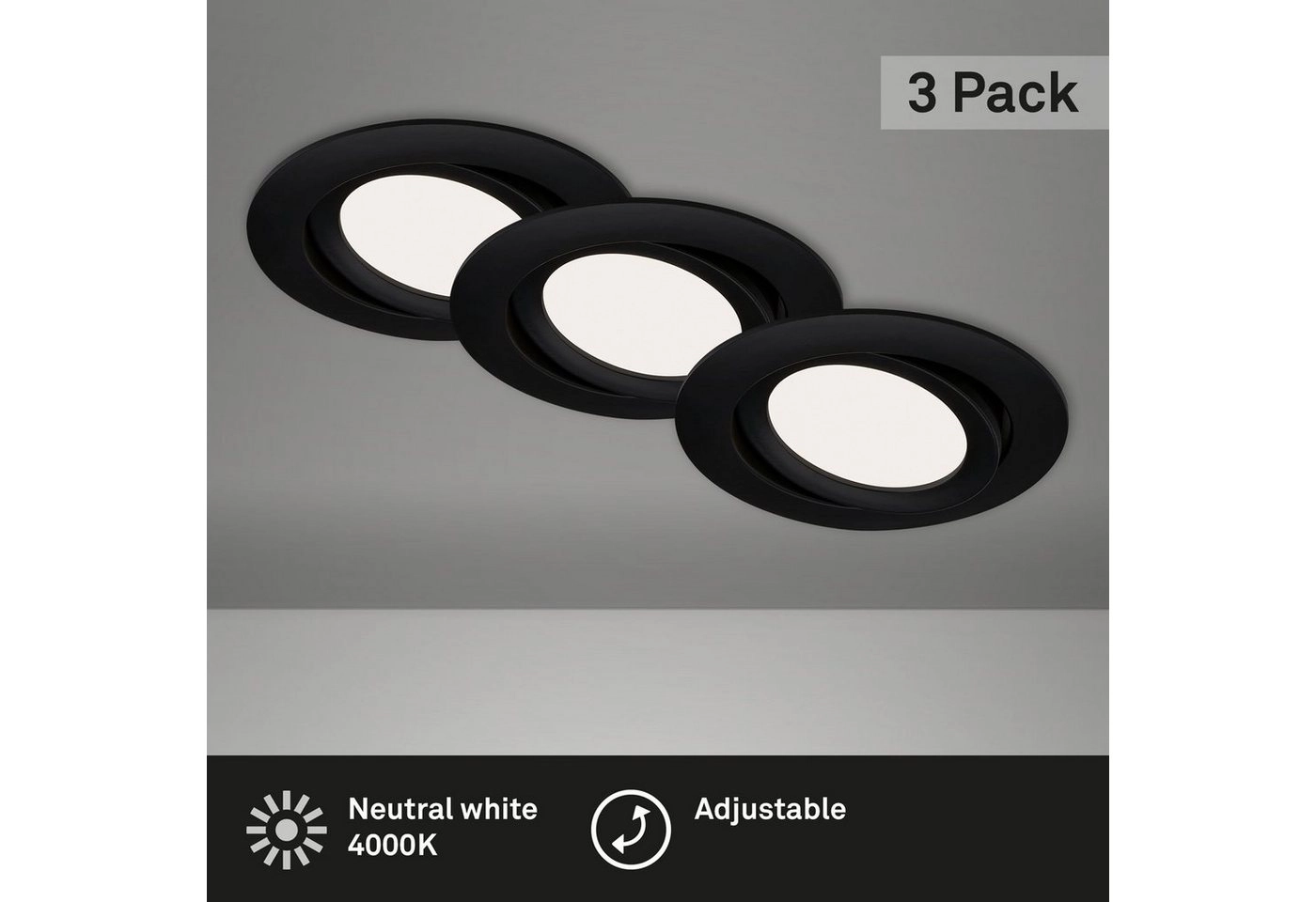 3er Set LED Einbauleuchte, Ø 10,6 cm, 7 W, 600 lm, Schwarz