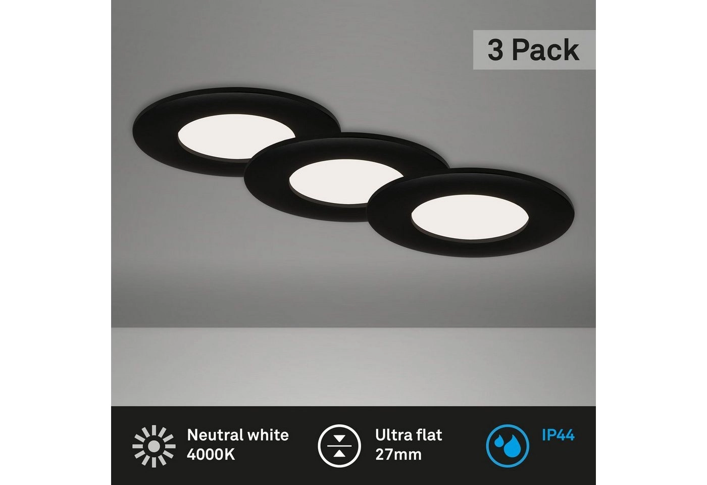 3er Set LED Einbauleuchte, Ø 8,5 cm, 5 W, 450 lm, Schwarz