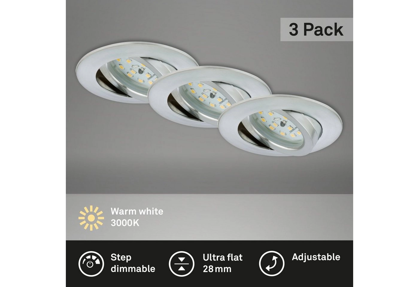 3er Set LED Einbauleuchte, Ø 8,2 cm, 6,5 W, Alu