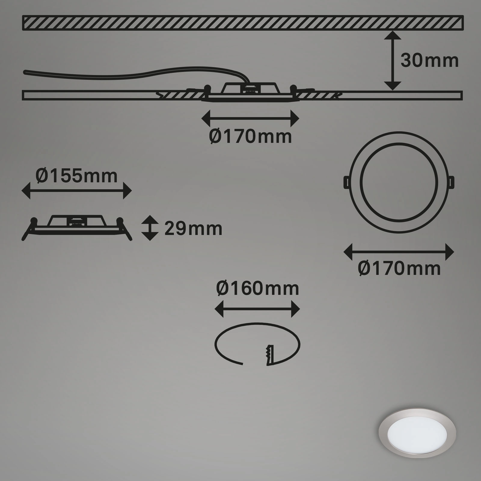 LED Einbauleuchte, Ø 17 cm, 12 W, Matt-Nickel