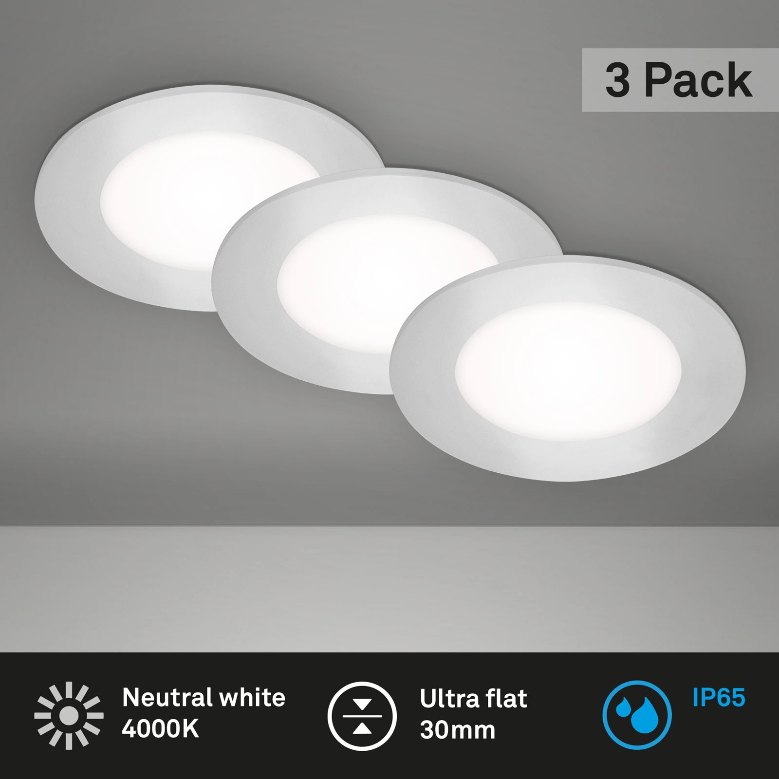 LED Einbauleuchten 3er-Set, Ø8,6 cm, 3x LED, 3 W, 350 lm, chrom-matt