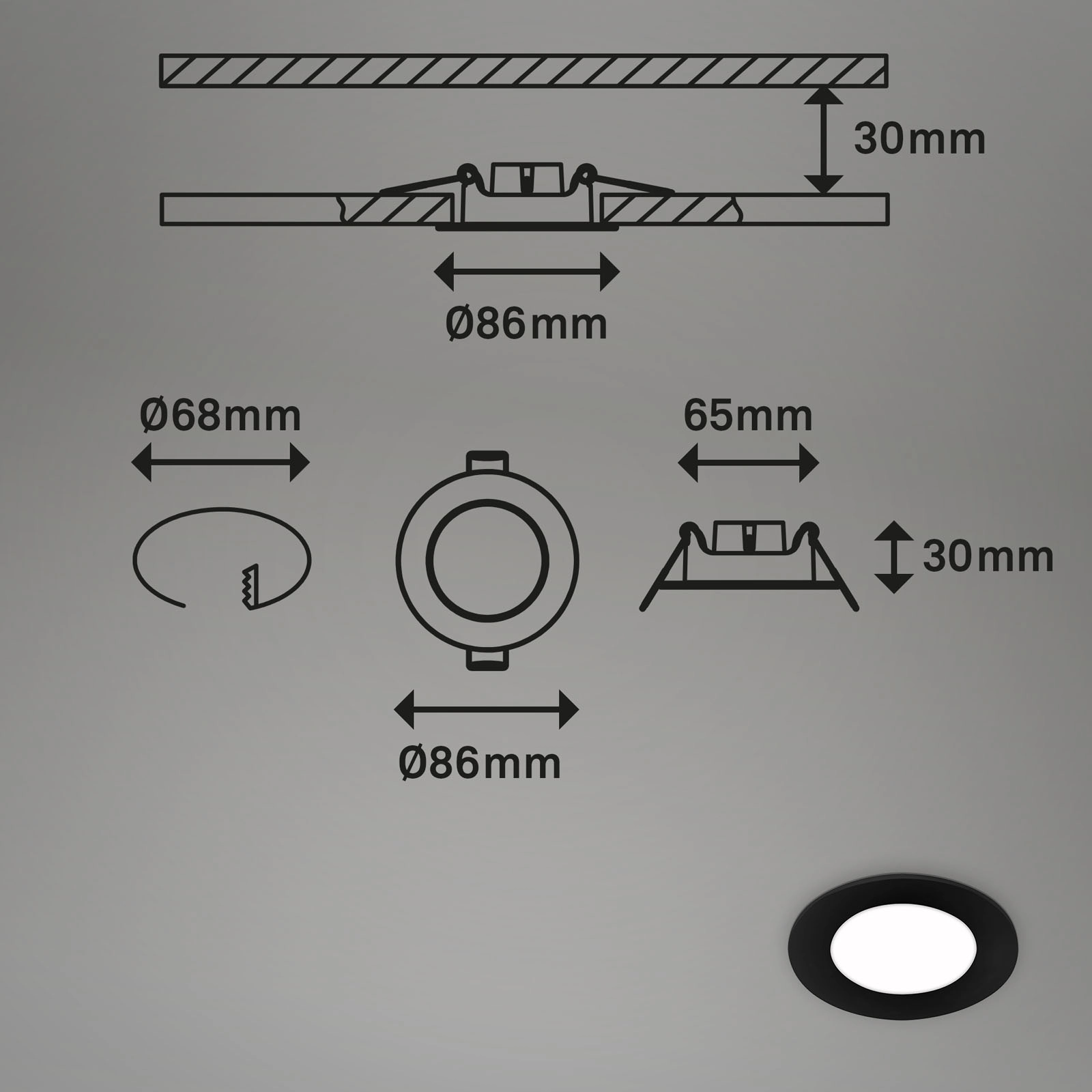 LED Einbauleuchten 3er-Set, Ø8,6 cm, 3x LED, 3 W, 350 lm, schwarz