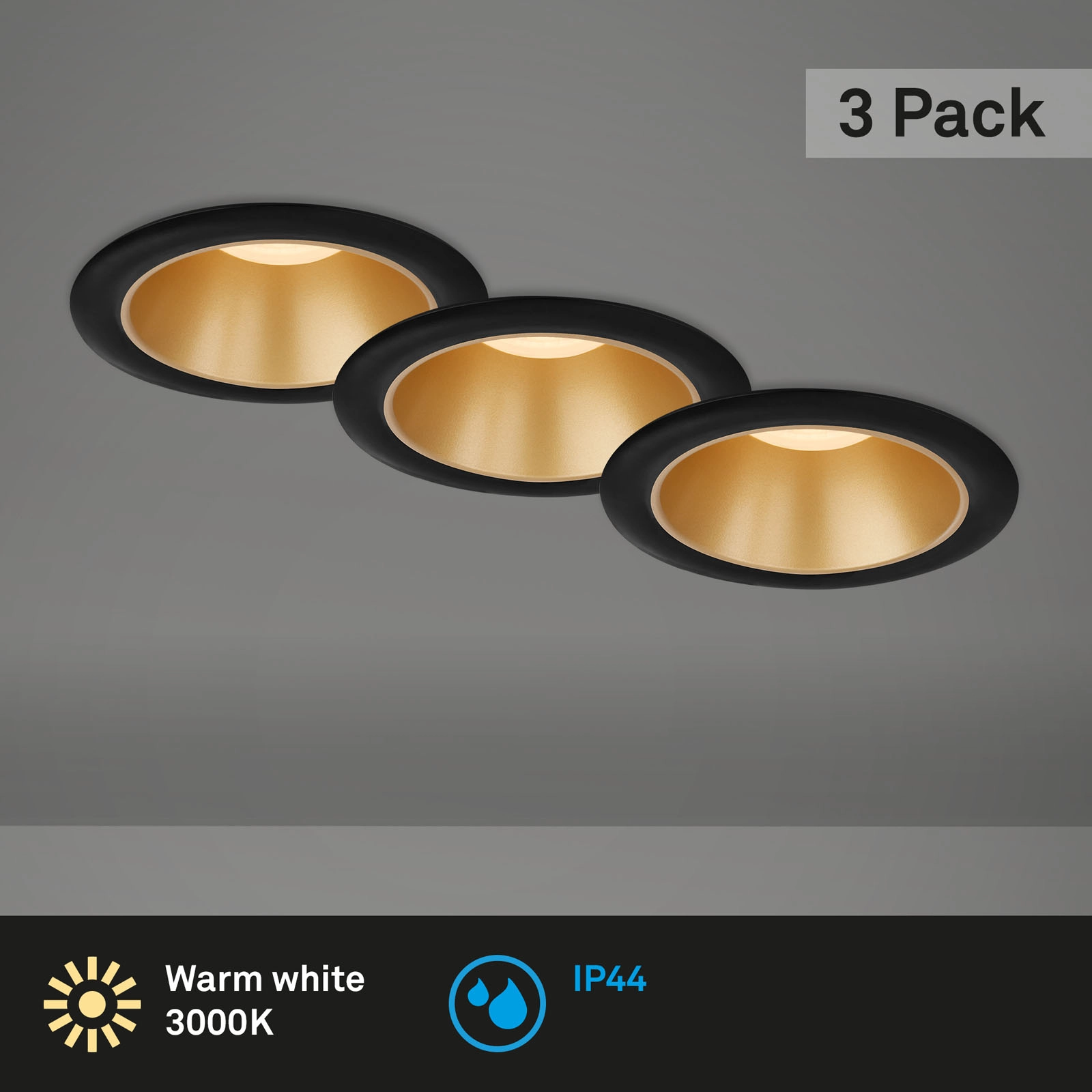 LED Einbauleuchten-Set, Ø9,5 cm, 3x LED, 4,9 W, 480 lm, schwarz-gold