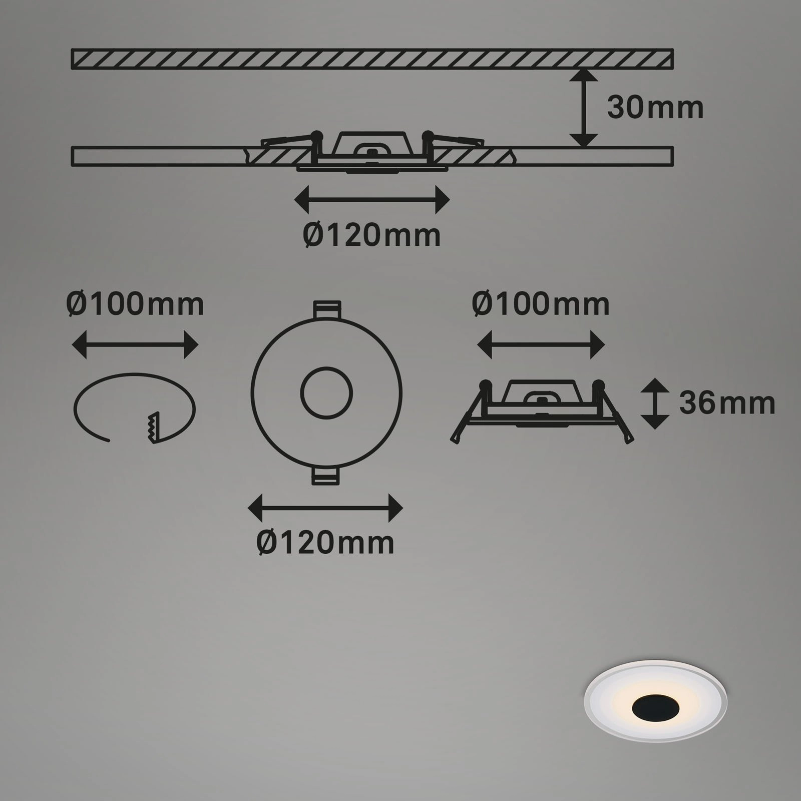 LED Einbauleuchte, Ø12 cm, 3x LED, 6 W, 650 lm, schwarz