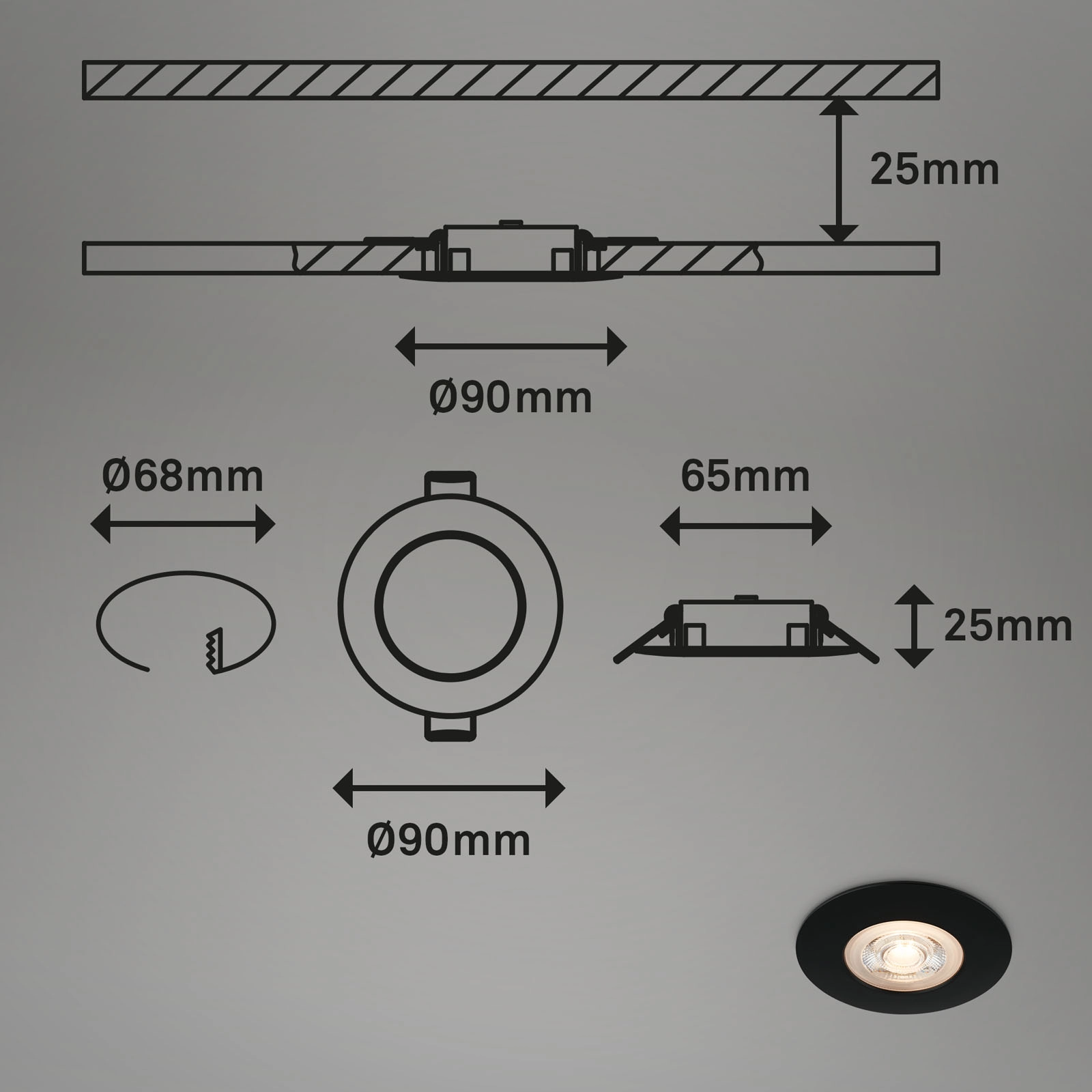 LED Einbauleuchten, Ø9 cm, 3x LED, 5 W, 480 lm, schwarz