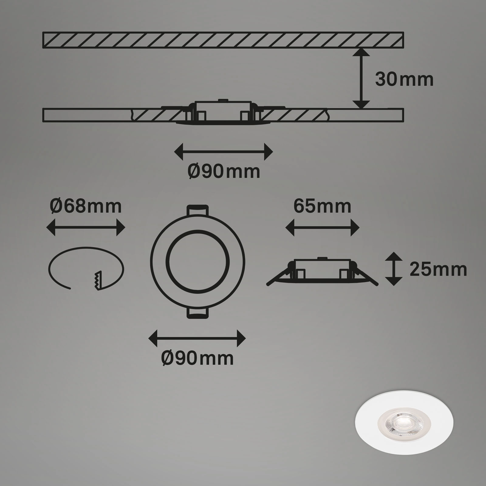 LED Einbauleuchten, Ø9 cm, 3x LED, 4,9 W, 480 lm, weiß