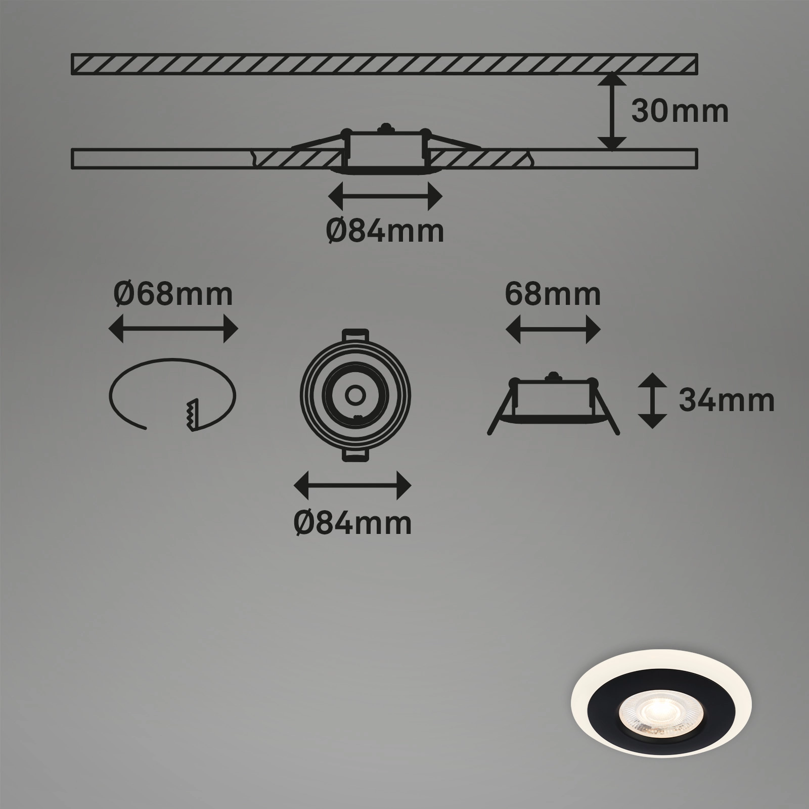 LED Einbauleuchten-Set, Ø8,4 cm, 3x LED, 5 W, 460 lm, schwarz