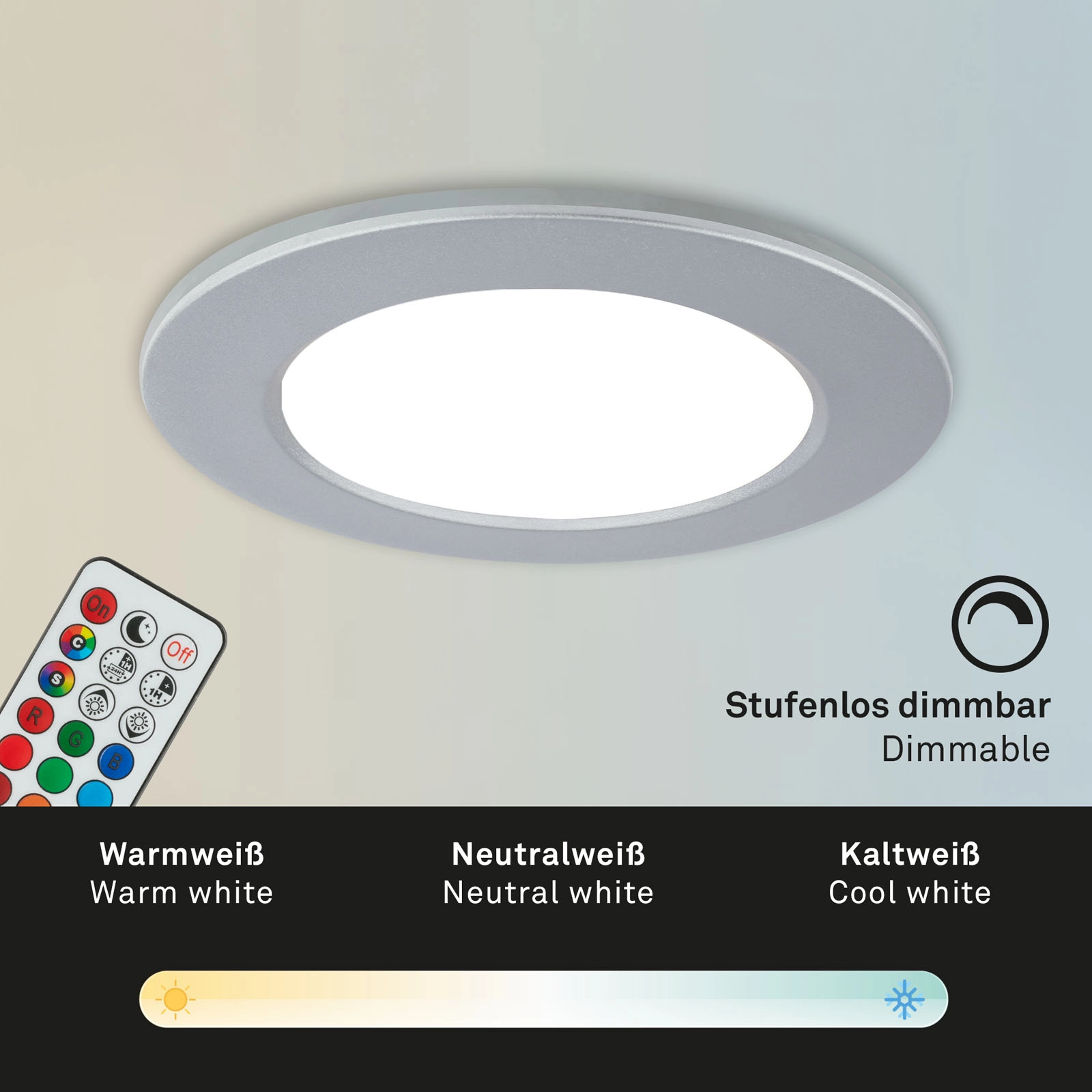 RGB-CCT LED Einbauleuchten-Set, Ø9,2 cm, 3x LED, 4,8 W, 450 lm, chrom-matt