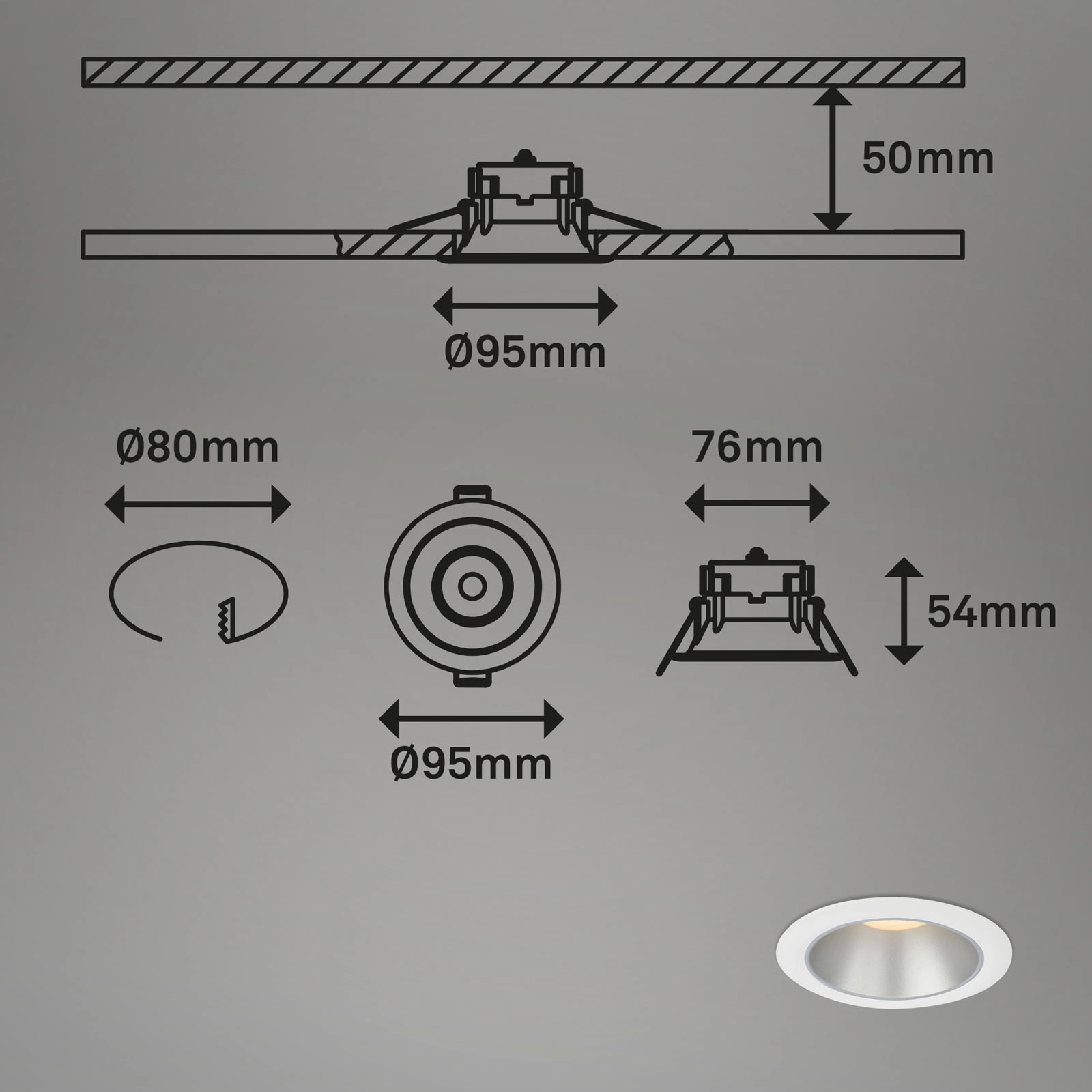 LED Einbauleuchten-Set, Ø9,5 cm, 3x LED, 4,9 W, 480 lm, weiß-silber