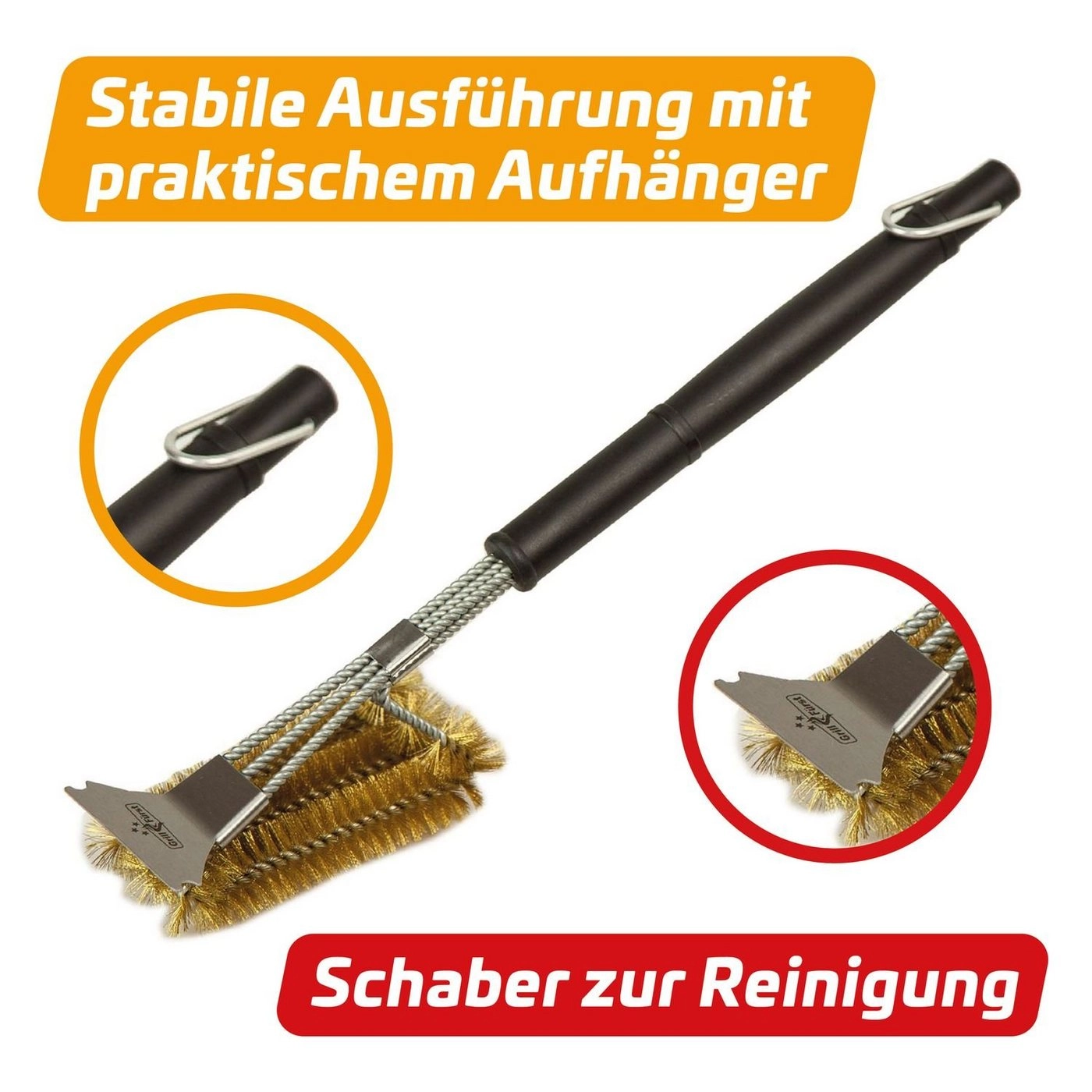 Grillfürst Grillbürste »2x Grillfürst Premium Grillbürste aus Messing mit langem 3-fach Bürstenkopf und Schaber«