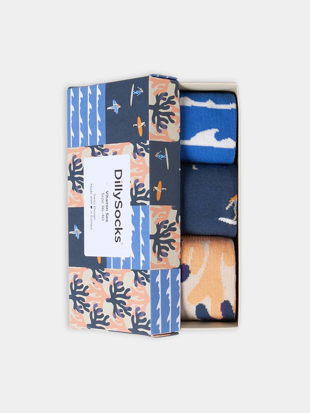 - Socken-Geschenkbox in Gelb Blau mit Wasser Motiv/Muster