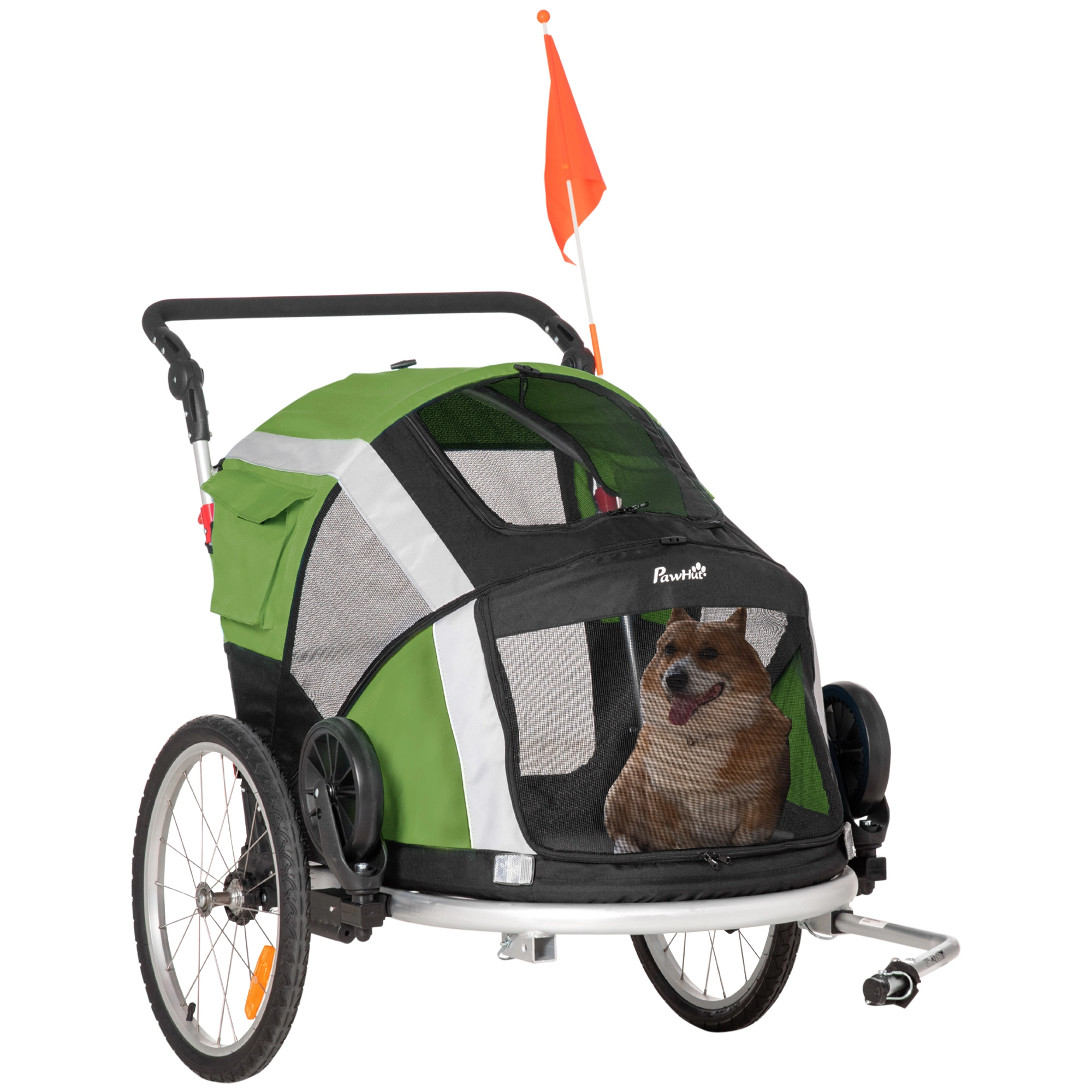 PawHut 2-in-1 Hundeanhänger klappbar Haustier Fahrradanhänger Hundetransporter Oxfordstoff atmungsaktiv Metall Grün+Silber 150 x 82 x 108 cm