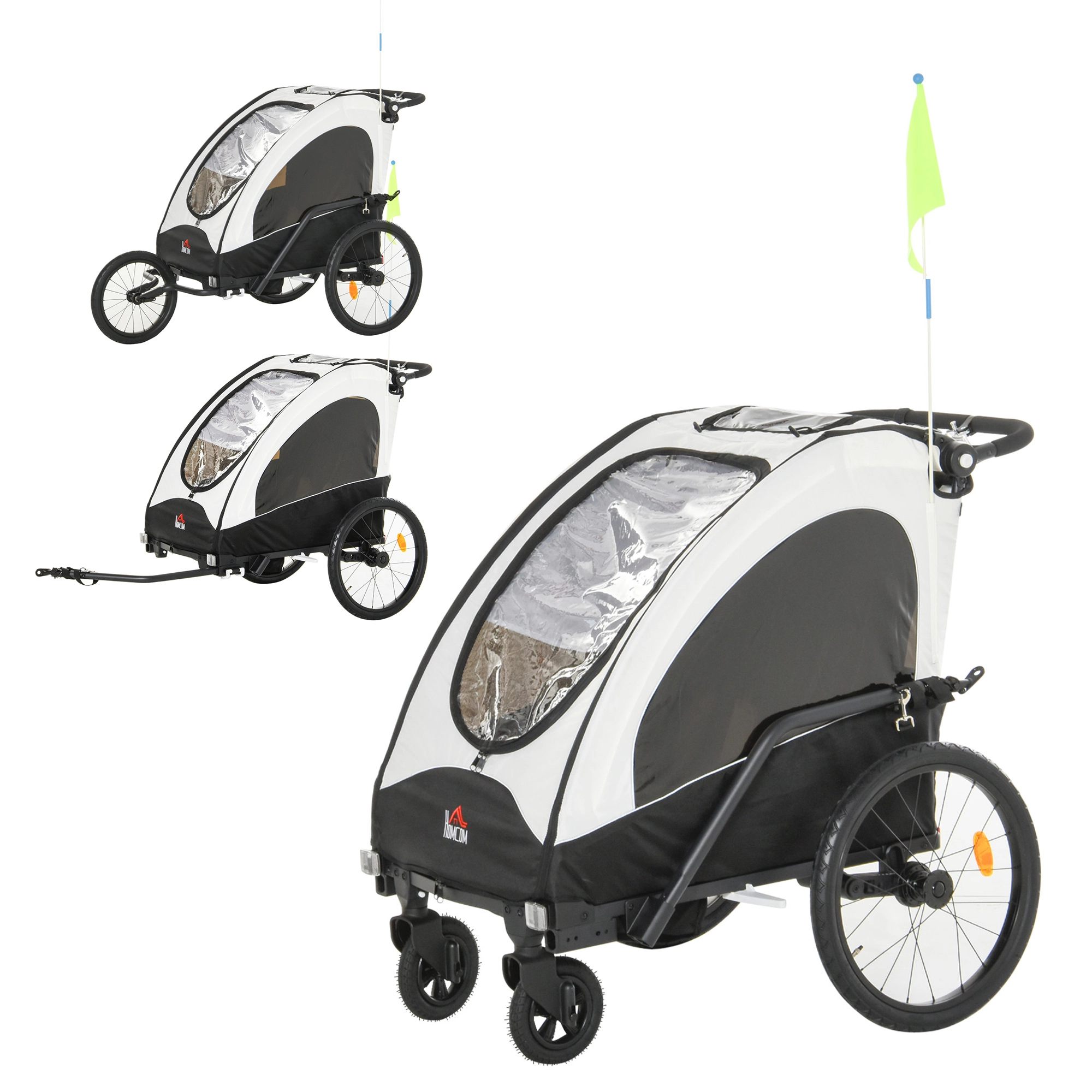 HOMCOM Fahrradanhänger Jogger 3 in 1 Kinderanhänger Aluminium für 2 kinder mit Fahne Weiß+Schwarz