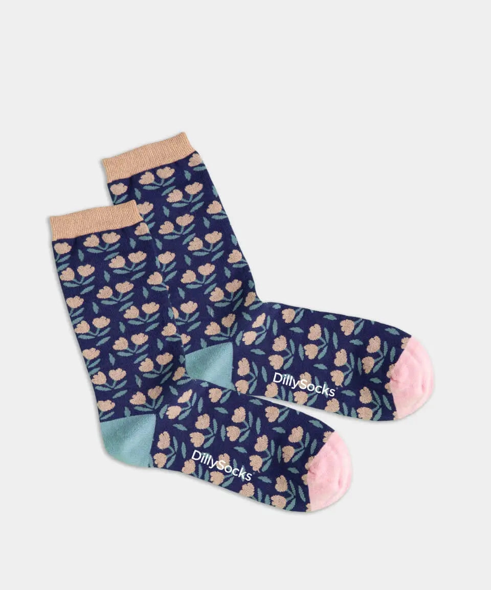 - Damensocken in Blau mit Blumen Motiv/Muster