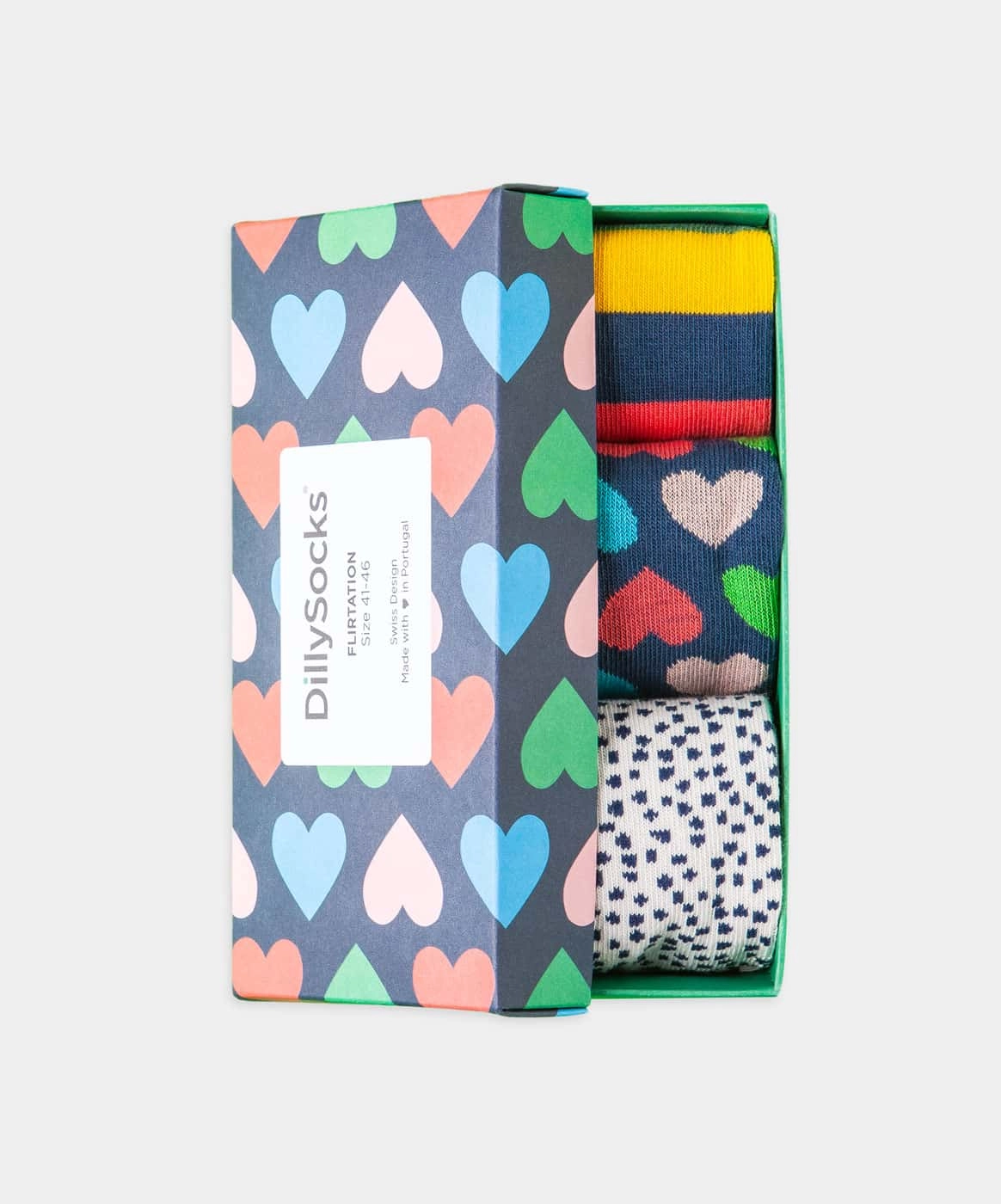 - Socken-Geschenkbox in Blau Weiss Rosa mit Herz Punkte Motiv/Muster