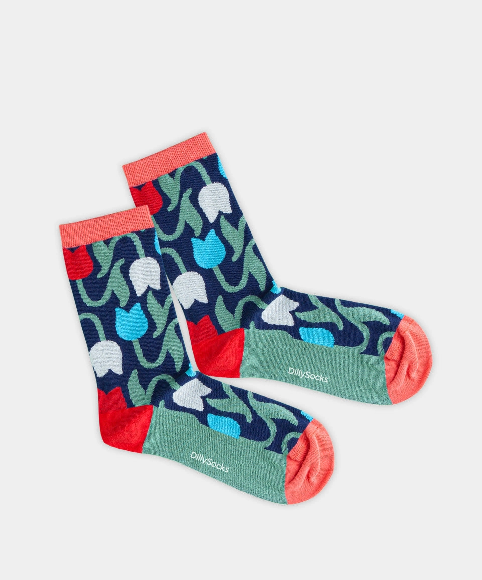 - Damensocken in Blau mit Pflanze Blumen Motiv/Muster