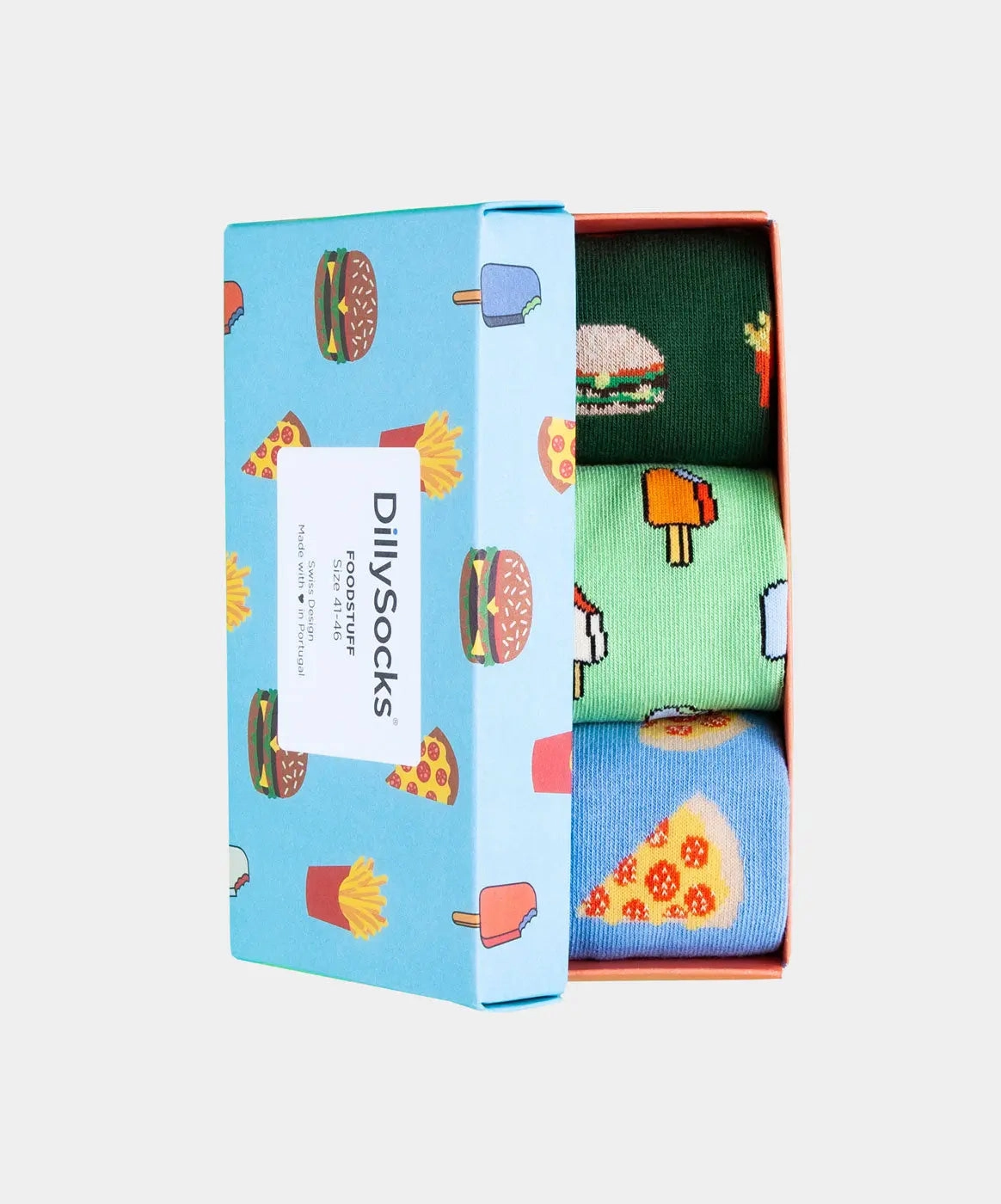 - Socken-Geschenkbox in Blau Grün mit Essen Motiv/Muster