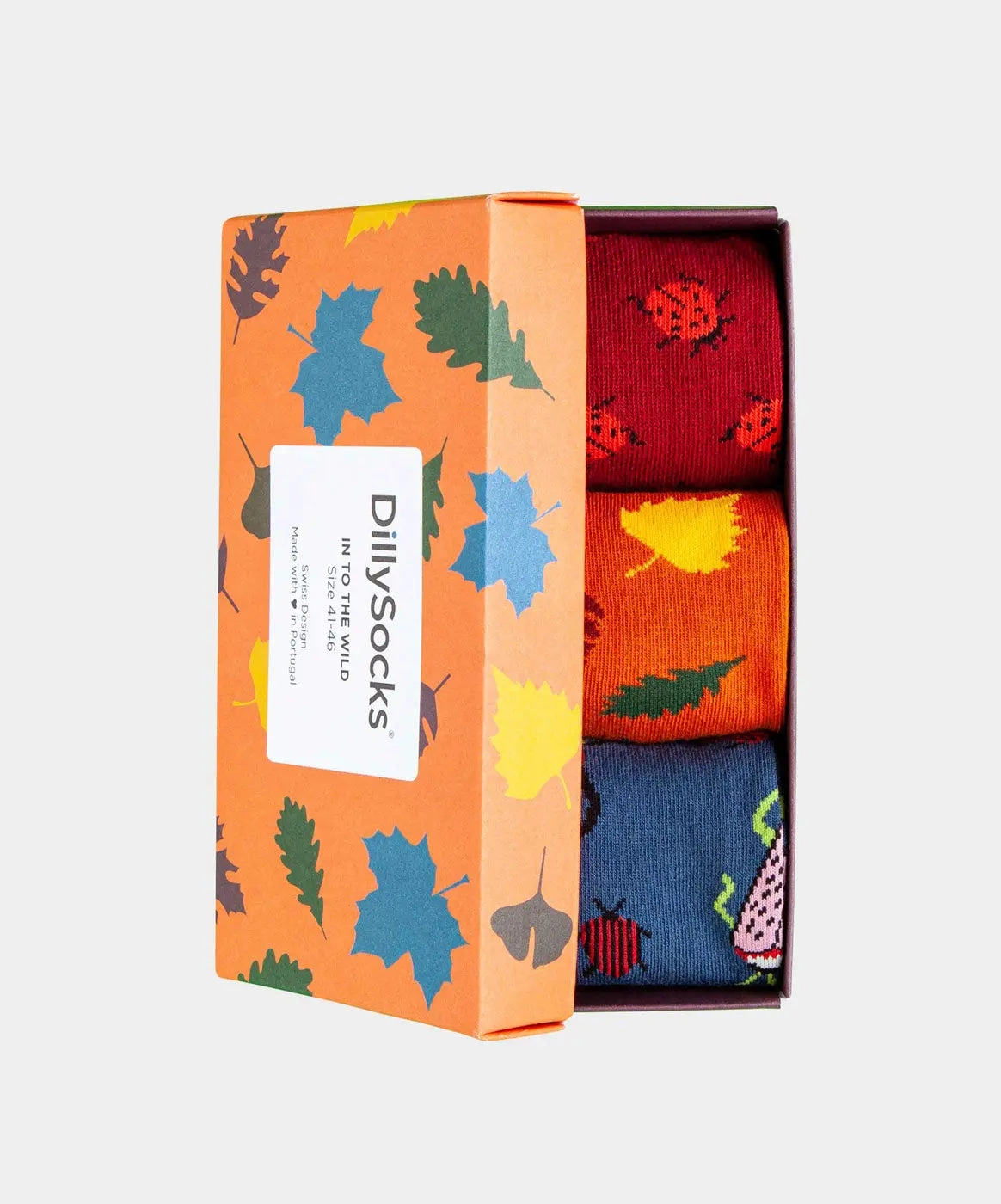 - Socken-Geschenkbox in Blau Rot Orange mit Käfer Blätter Motiv/Muster