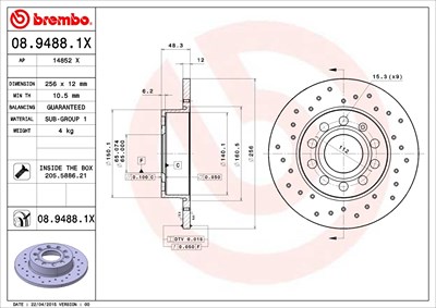 BREMBO Bremsscheibe 08.9488.1X Bremsscheiben,Scheibenbremsen VW,AUDI,SKODA,Golf V Schrägheck (1K1),TOURAN (1T1, 1T2),GOLF VI (5K1)