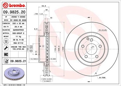 BREMBO Bremsscheibe 09.9825.21 Bremsscheiben,Scheibenbremsen MERCEDES-BENZ,E-Klasse Limousine (W211),E-Klasse T-modell (S211),GLK (X204),CLS (C219)