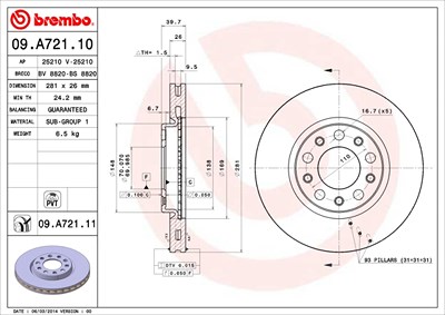 BREMBO Bremsscheibe 09.A721.11 Bremsscheiben,Scheibenbremsen FIAT,ALFA ROMEO,JEEP,500X (334_),GIULIETTA (940),Giulietta Kastenwagen (940_)