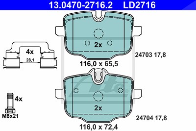 ATE Bremsbelagsatz 13.0470-2716.2 Bremsbeläge,Bremsklötze BMW,5 Touring (F11),5 Limousine (F10),5 Limousine (G30, F90),5 Touring (G31),7 (G11, G12)