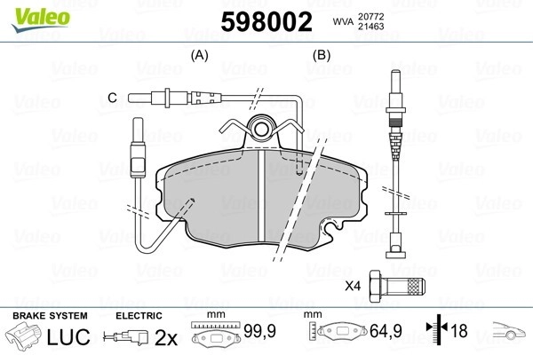 VALEO Bremsbelagsatz 598002 Bremsbeläge,Bremsklötze RENAULT,PEUGEOT,DACIA,TWINGO I (C06_),CLIO II (BB0/1/2_, CB0/1/2_)