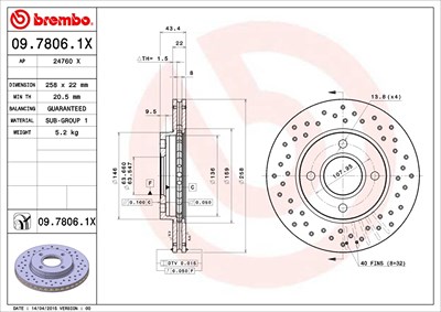 BREMBO Bremsscheibe 09.7806.1X Bremsscheiben,Scheibenbremsen FORD,MAZDA,Fiesta Mk6 Schrägheck (JA8, JR8),Fiesta Mk5 Schrägheck (JH1, JD1, JH3, JD3)