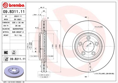 BREMBO Bremsscheibe 09.B311.11 Bremsscheiben,Scheibenbremsen JAGUAR,XF (_J05_, CC9),XJ Limousine (X350, X358),XF Sportbrake (X250),XK Coupe (X150)