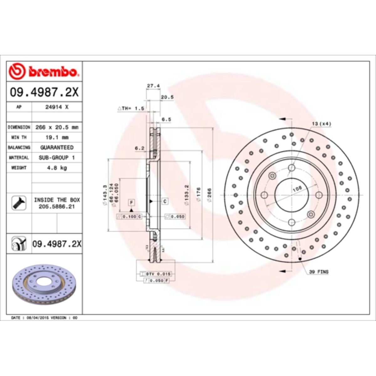 BREMBO Bremsscheibe 09.4987.2X Bremsscheiben,Scheibenbremsen PEUGEOT,CITROËN,206 Schrägheck (2A/C),206 CC (2D),306 Schrägheck (7A, 7C, N3, N5)