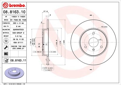 BREMBO Bremsscheibe 08.8163.11 Bremsscheiben,Scheibenbremsen SMART,CITY-COUPE (450),CABRIO (450),FORTWO Coupe (450),ROADSTER (452),FORTWO Cabrio (450)