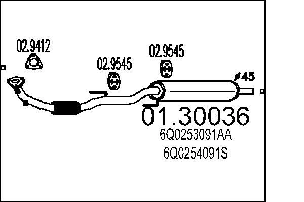 MTS Vorschalldämpfer 01.30036  VW,SKODA,SEAT,POLO (9N_),Polo Schrägheck (6R1, 6C1),POLO Van (6R),Fabia II Schrägheck (542),Fabia I Combi (6Y5)