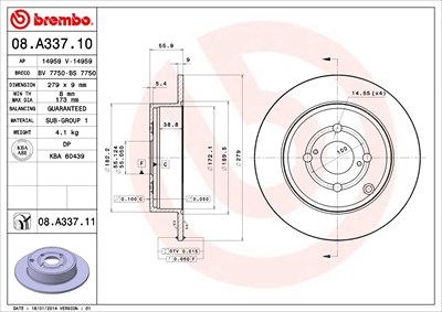 BREMBO Bremsscheibe 08.A337.11 Bremsscheiben,Scheibenbremsen TOYOTA,COROLLA (ZZE12_, NDE12_, ZDE12_),COROLLA Kombi (_E12J_, _E12T_)