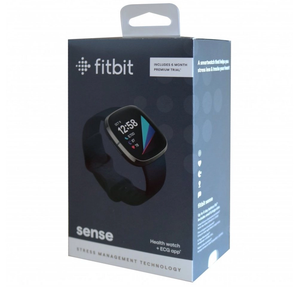 FitBit Sense | Edelstahl Gehäuse Graphit, Silikonband Schwarz, Carbon Gr. S-L | Bluetooth 5.0, Wi-Fi,  GPS, NFC, Touchscreen | EKG-App | Hauttemperatur 