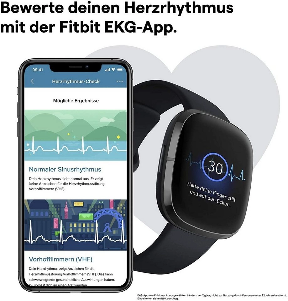 FitBit Sense | Edelstahl Gehäuse Graphit, Silikonband Schwarz, Carbon Gr. S-L | Bluetooth 5.0, Wi-Fi,  GPS, NFC, Touchscreen | EKG-App | Hauttemperatur 