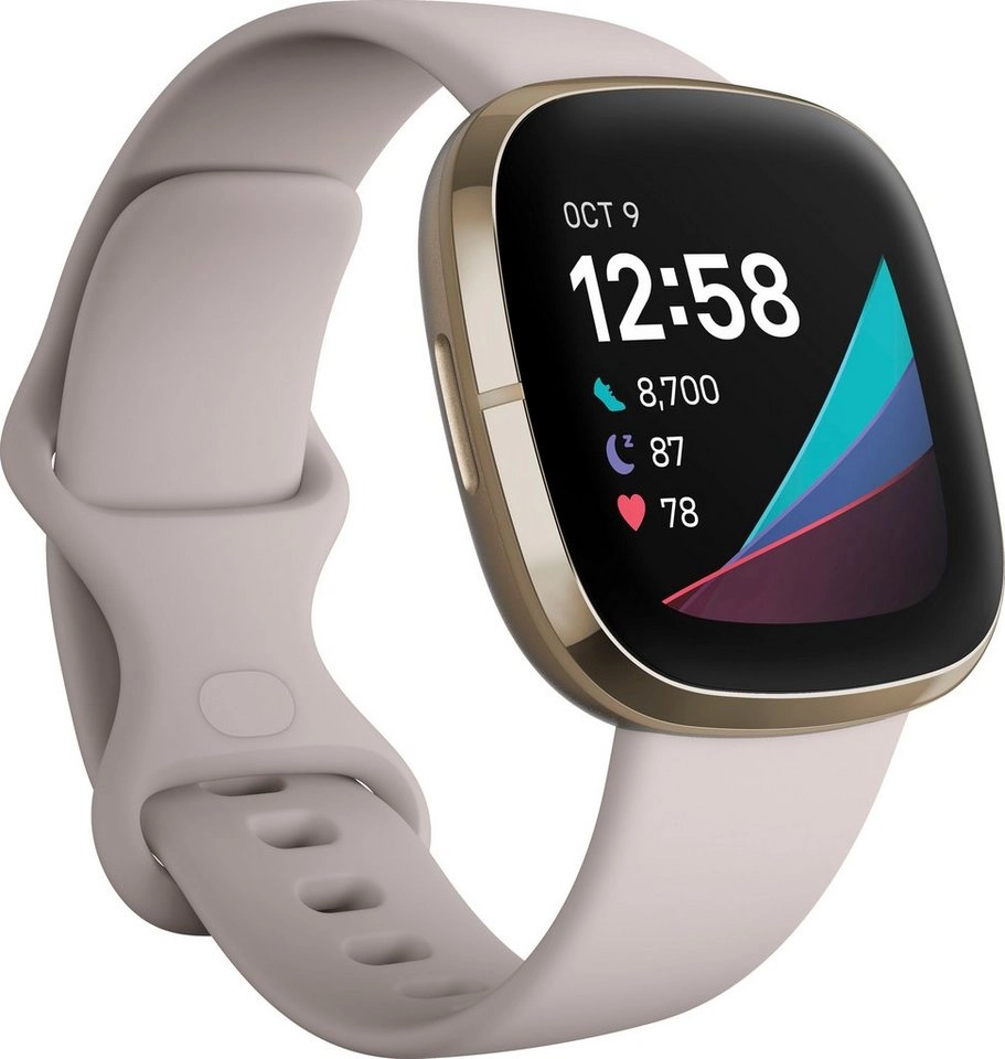 FitBit Sense | Edelstahl Gehäuse Soft Gold, Silikonband Mondweiß Gr. S-L | Bluetooth 5.0, Wi-Fi,  GPS, NFC, Touchscreen | EKG-App | Hauttemperatur 