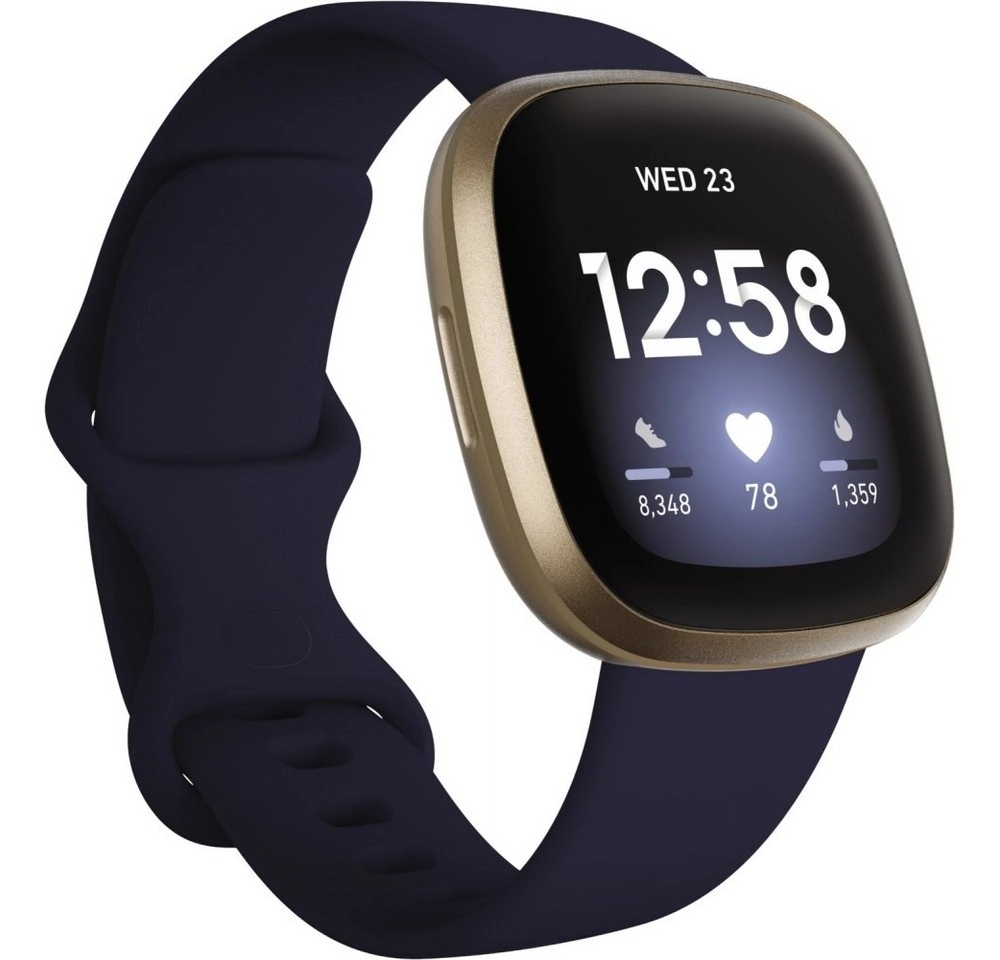 FitBit Versa 3 | Gehäuse gold, Silikonband blau, Gr. S-L | WiFi, NFC, Bluetooth, Touch, WLAN, GPS | AMOLED | 7-Tage Memory | Alexa | google Assistant