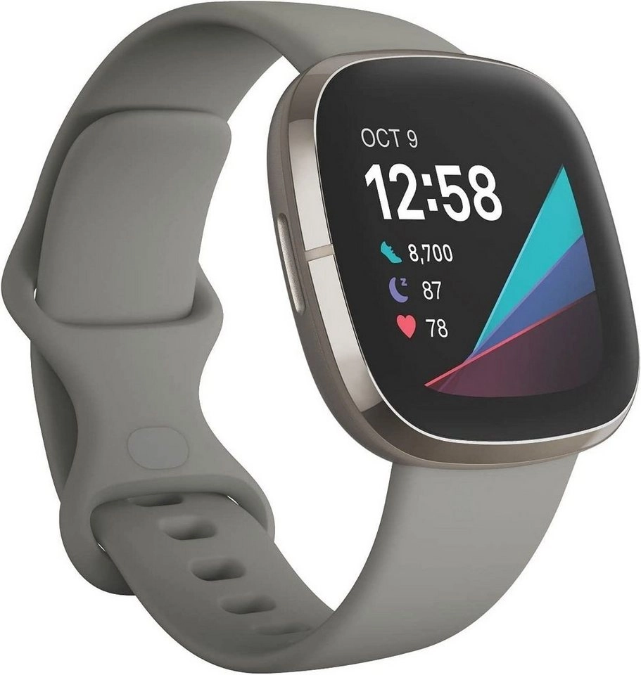 FitBit Sense | Edelstahl Gehäuse Silber, Silikonband Salbeigrau, Gr. S-L | Bluetooth 5.0, Wi-Fi,  GPS, NFC, Touchscreen | EKG-App | Hauttemperatur